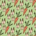 Funny cartoon seamless pattern for children or easter background. Rabbits and carrots