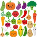 Funny cartoon set of different vegetables. Kawaii vegetables. Smiling pumpkin, carrot, eggplant, bell pepper, tomato, fennel, onio Royalty Free Stock Photo