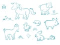 Funny cartoon set of farm animals. Horse, sheep, pig, goat, rabbit, duck, chick, mouse, butterfly on the grass and Royalty Free Stock Photo