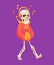 Funny cartoon skeleton listened music in headphone. Vector bony character. Human bones illustration skeletal. Dead man