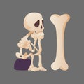 Funny cartoon skeleton posing sitting on a stone and looking at the bone. Vector bony character. Human bones Royalty Free Stock Photo