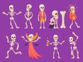 Funny cartoon skeleton. Vector bony character. Human bones illustration skeletal. Set of dead people dancing, standing