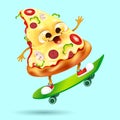 Funny cartoon slice of pizza on skateboard