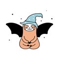 Funny cartoon sloth with bat`s wings illustration. Lazy Halloween art