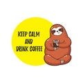 Cute vector illustration. Funny cartoon sloth drinking coffee