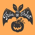 Funny cartoon smiling bat with spread wings and Trick or Treat lettering carrying carved Halloween pumpkin against