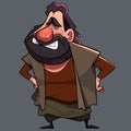 Cartoon smiling mustachioed bearded man stands akimbo