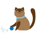 Funny cartoon smiling siamese cat and blue ball of yarn on white background kids vector illustration Royalty Free Stock Photo