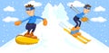 Funny cartoon snowboarder and skier,vector