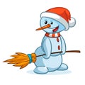 Funny cartoon snowman wearing hat and broom. Christmas snowman character illustration outlined and isolated. Royalty Free Stock Photo