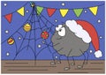 Funny cartoon spider decorates new year tree