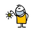 Funny cartoon stickman character in medical mask holds a defeated covid virus in his hand.