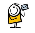 Funny cartoon stickman holds envelope witj letter email in rising up hand.