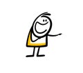 Funny cartoon stickman points with finger to the right and laughing.