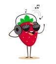 Funny and cartoon strawberry in sunglasses and headphones listens to music. Vector illustration of a flat style.