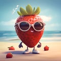 Funny cartoon strawberry wearing sunglasses on the beach. Cool strawberry cartoon character in sun glasses emoticon mascot, summer Royalty Free Stock Photo