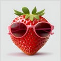 Funny cartoon strawberry wearing sunglasses isolated on white background. Cool strawberry cartoon character in sun glasses Royalty Free Stock Photo