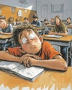 Funny cartoon of students experiencing extreme boredom in a classroom setting Royalty Free Stock Photo