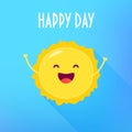 Funny cartoon sun raises hands up and smiles. Happy Day card. Flat style. Vector illustration Royalty Free Stock Photo