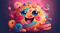 Funny cartoon sweet funny cookie monster face with donuts and sweets