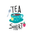 Funny cartoon tea cup face. Cute mugs and sweets emojis. Tea shirt humor design. T-shirt concept. Vector illustration Royalty Free Stock Photo