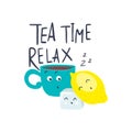 Funny cartoon tea cup face with lemon and cube of sugar. Cute design for T-shirt. Tea time relax. Vector illustration Royalty Free Stock Photo