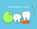 Funny cartoon teeth with a carrot and a green apple. Royalty Free Stock Photo