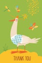 Funny cartoon thank you hand drawn poster with goose. Royalty Free Stock Photo