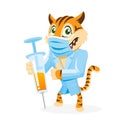 Funny cartoon tiger doctor mask syringe vector illustration