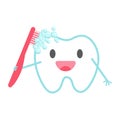 Funny cartoon tooth brushing itself with big red toothbrush. Happy smiling clean tooth character. Illustration for