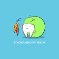 Funny cartoon tooth with a carrot and a green apple. Royalty Free Stock Photo