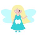 Funny cartoon Tooth Fairy. Cute girl with fair hair and wings. Fairy in blue dress with tooth print. Illustration for Royalty Free Stock Photo