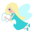 Funny cartoon Tooth Fairy. Cute girl with fair hair and wings. Fairy in blue dress with tooth print. Illustration for Royalty Free Stock Photo