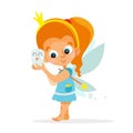 Funny cartoon tooth fairy holding tooth.