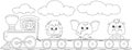 Funny cartoon train with lion, elephant and rhino. Coloring book