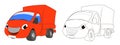 Funny cartoon truck. Illustration of a cartoon truck at work. Colorbook.