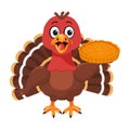 Funny cartoon turkey holding pumpkin pie. Royalty Free Stock Photo