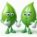 Funny cartoon of two green leaves holding hands. Preservation of the planet. Tree world Day. AI generated