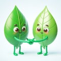 Funny cartoon of two green leaves holding hands. Preservation of the planet. Tree world Day. AI generated