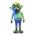Funny cartoon undead zombie monster stands forlornly, 3d illustration