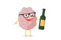 Funny cartoon unhealthy brain character. Ill drunk human anatomy internal organ mascot with alcohol bottle and cigarette