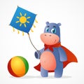 Funny cartoon vector baby Hippo in red cloak holding kite and playing ball Royalty Free Stock Photo