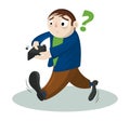 Funny cartoon vector man with no money. Businessman holding empty wallet. Concept of bankruptcy