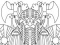 Funny cartoon viking with raven, horned helmet, shells and axes coloring book page for kids and adults.