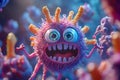 Funny cartoon virus attacking with large blue eyes and sharp teeth, 3d render Royalty Free Stock Photo