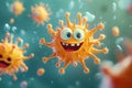 Funny cartoon virus floating in a microscopic world, showing its teeth and looking happy Royalty Free Stock Photo