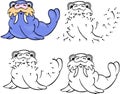 Funny cartoon walrus. Vector illustration. Coloring and dot to d