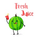 Funny cartoon watermelon drink juice. Fresh Juice. Flat style. Vector illustration