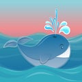 Funny cartoon whale splashing in the ocean waves