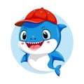 Funny cartoon white and blue shark wearing red baseball cap. Baby predator is smiling and has big grin on his face. Royalty Free Stock Photo